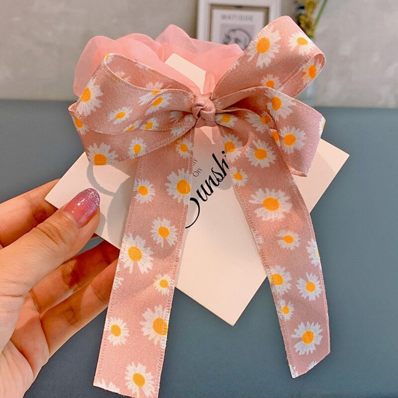 Large Ribbon Bowknot Hair Scruchies Girls Streamer Ponytail Holder Kids Flower Elastic Hair Bands Hair Ring Sweet Accessories