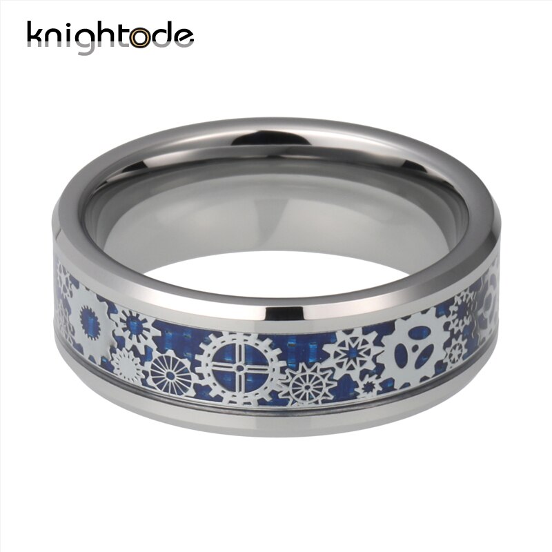 Mannen Vrouwen Wedding Band Mechanische Versnelling Wiel Wolfraam Stalen Ring Afgeschuinde Randen Met Blue Carbon Fiber Inlay Vinger Sieraden