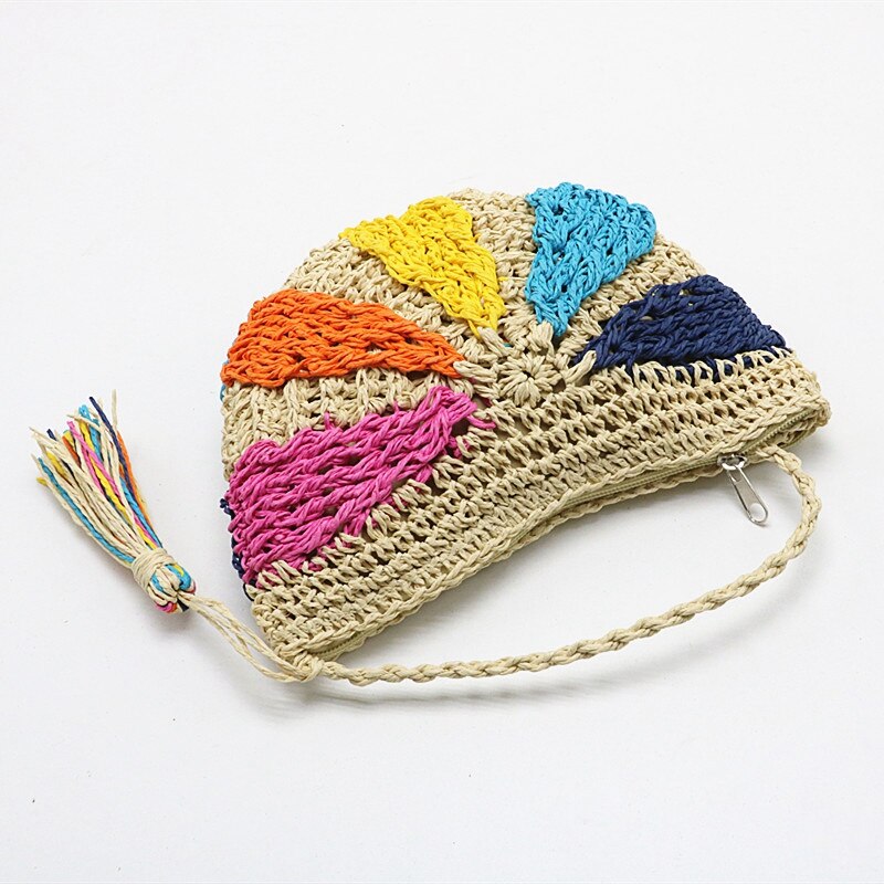 Di modo Crochet di Estate Borse Da Spiaggia Borsa Di Paglia Variopinto Della Boemia Della Nappa del Messaggero Della Spalla del Sacchetto Del Rattan Borsa Maglia Borsa