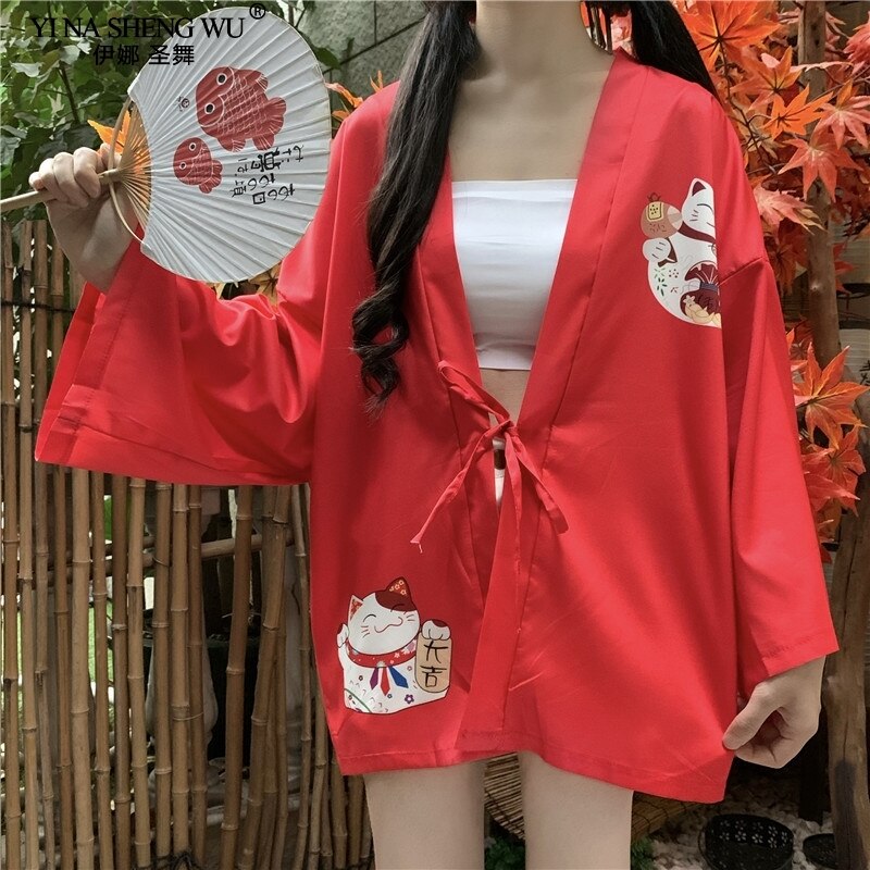 Cárdigan Harajuku de japonesa para mujer, Kimono negro, rojo, gato de la suerte, blusas informales holgadas para chica
