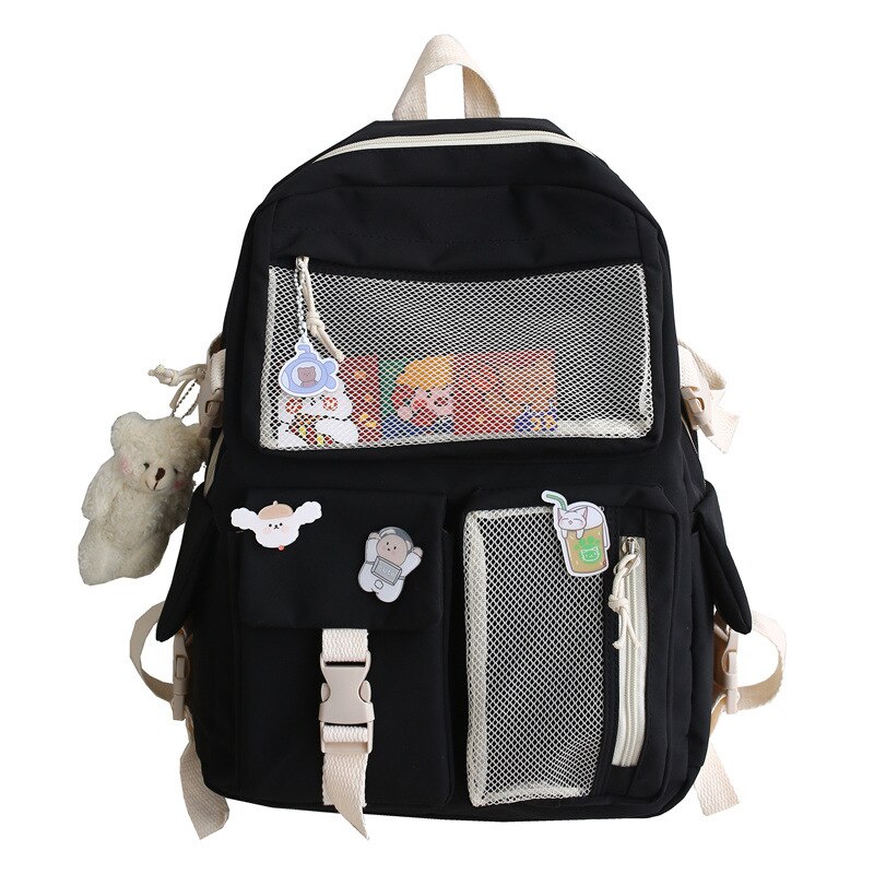 Nylon Vrouwen Rugzak Mode Waterdichte Rugzak Voor Tienermeisjes Schooltas Leuke Student Boekentas Reizen: 2 With Bear Pendant