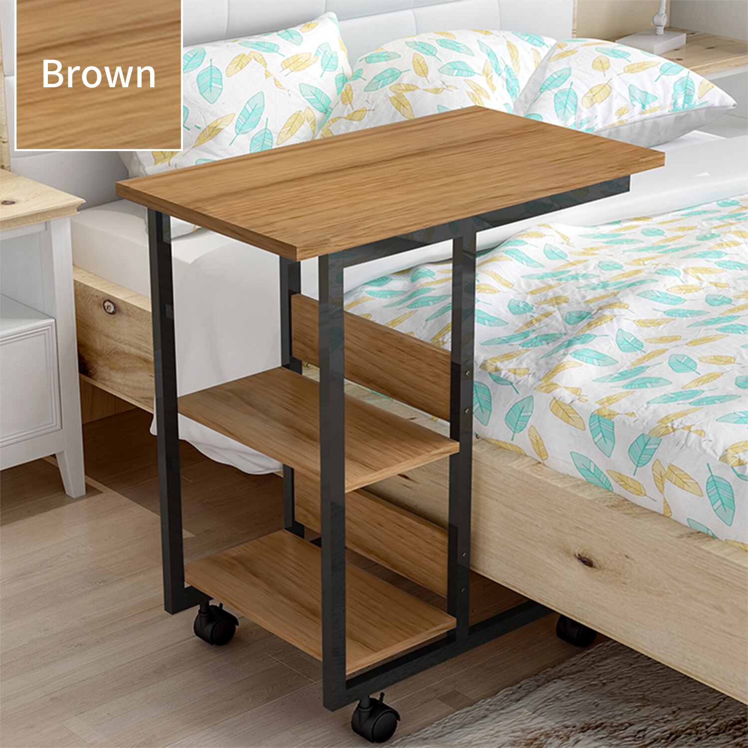 3-Tier Storage Table Mobile Laptop Side Table Tray for Sofa Bed Couch C-Shaped Table Desk Rolling Casters with Brakes Side Table