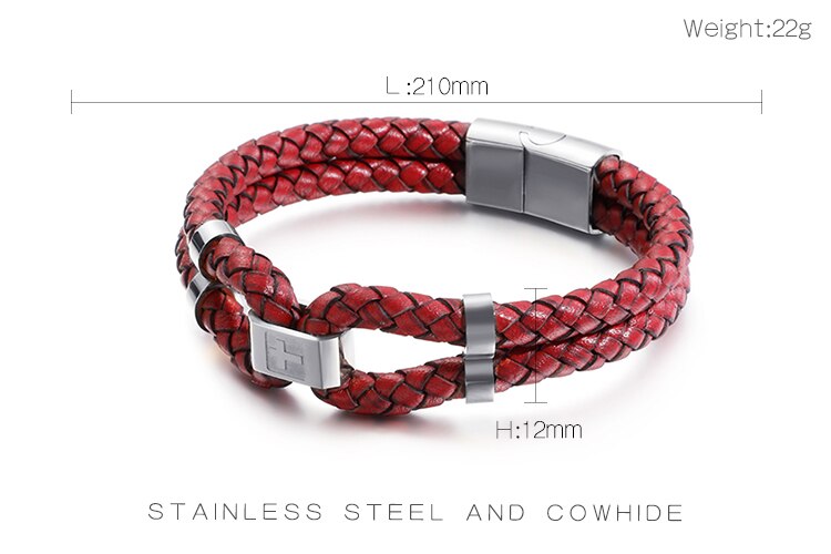 Pulseras de dijes cruzados de acero inoxidable de 210mm para hombre, joyas de cuero negras/rojas de doble capa: KB110745-K