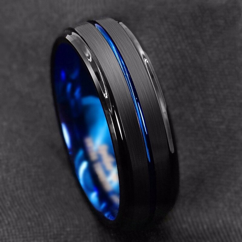 Anillo de acero de titanio con borde de escalera cepillado negro para hombre, 8mm, ranura azul, boda, , de joyería y anillos