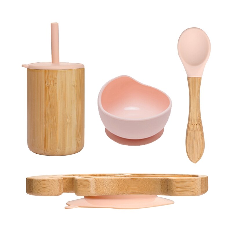 Vaisselle en bois de bambou, accessoires d&#39;alimentation pour bébé, assiette à dîner animaux de dessin animé éléphant avec ventouse, d&#39;anniversaire pour bébé 1 ensemble: peach no box