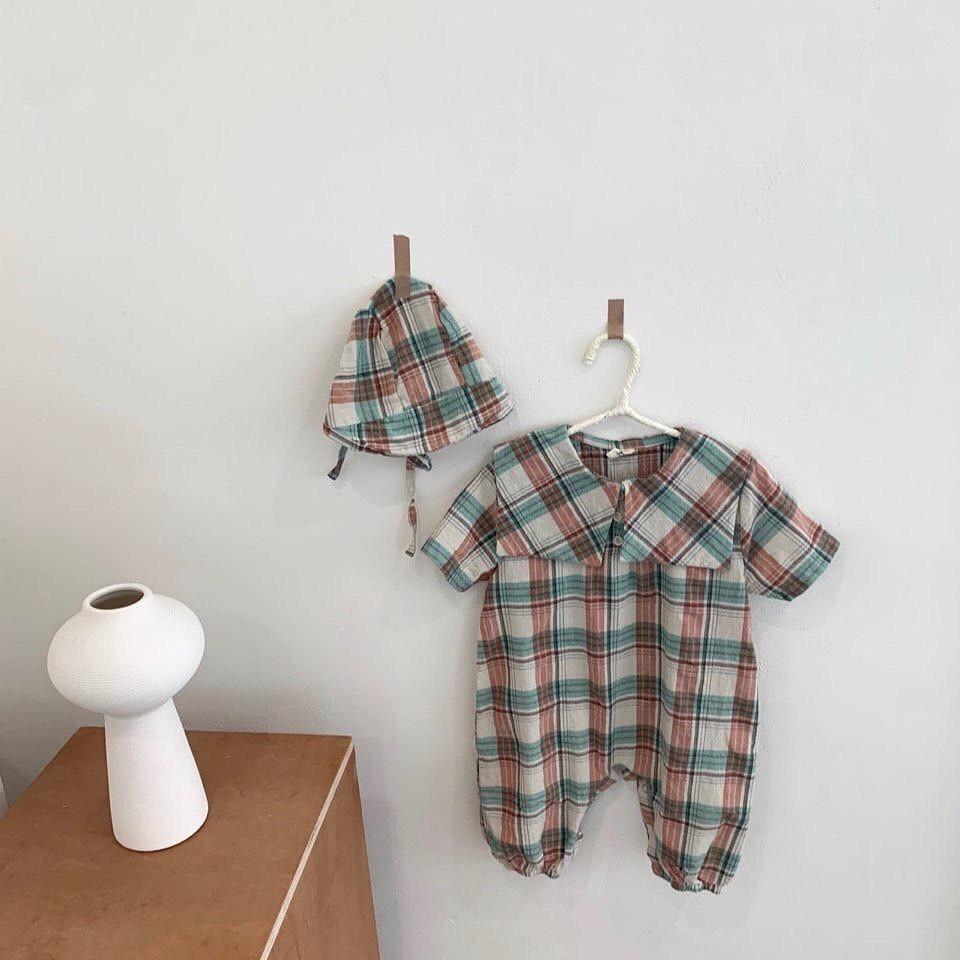 3449 Britse Plaid Baby Meisjes Jongens Romper Met Hoed Wassen Katoen Tweedelige Set Lange Mouw Babykleding Overalls Voor kids: green / 90cm(1-2y)