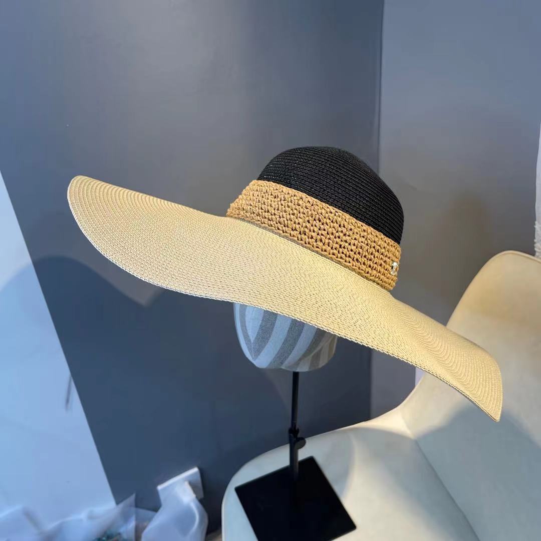 Sombrero de playa de ala grande, sombrero de paja de verano, visera de Sol de moda, protección solar, sombreros frescos: Black