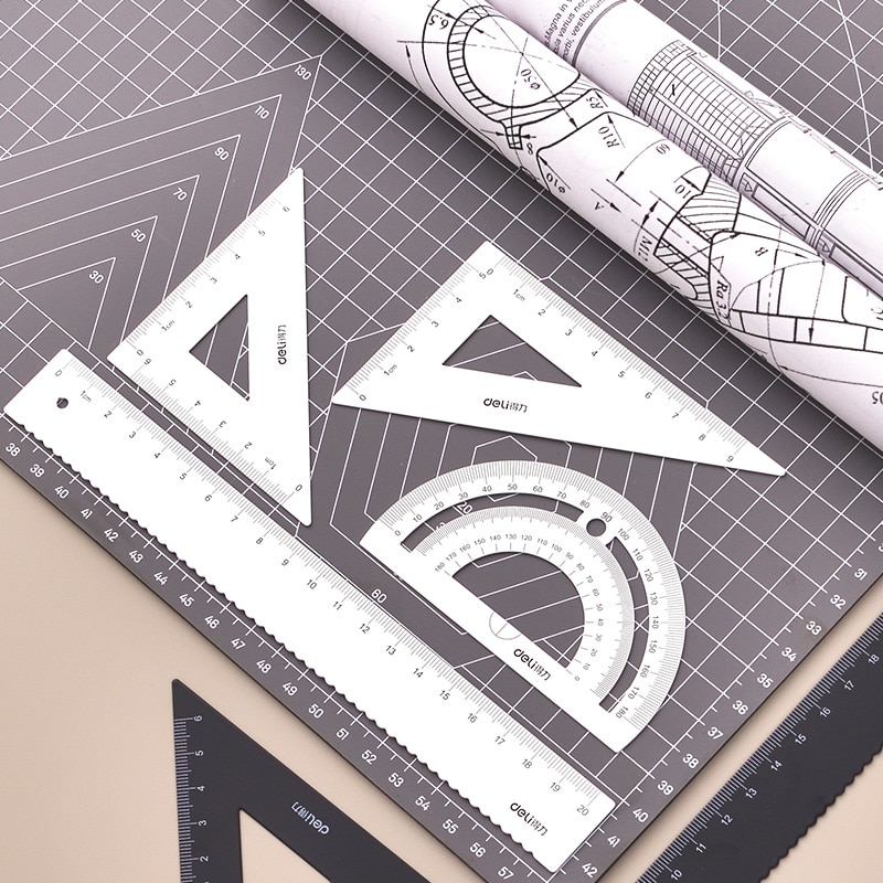 DELI Metal Ruler 20cm Set Stationery for Students Straightedge Triangle Ruler with Wave Line Protractor, Compass Triangle Plate