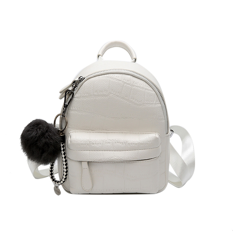 Luyo Mini Zwarte Rugzak Vrouwen Steen Lederen Rugzakken Voor Meisjes Kleine Dames Casual Dagrugzak Met Hairball Sac A Dos Rugzak: White / 18x10 x24cm