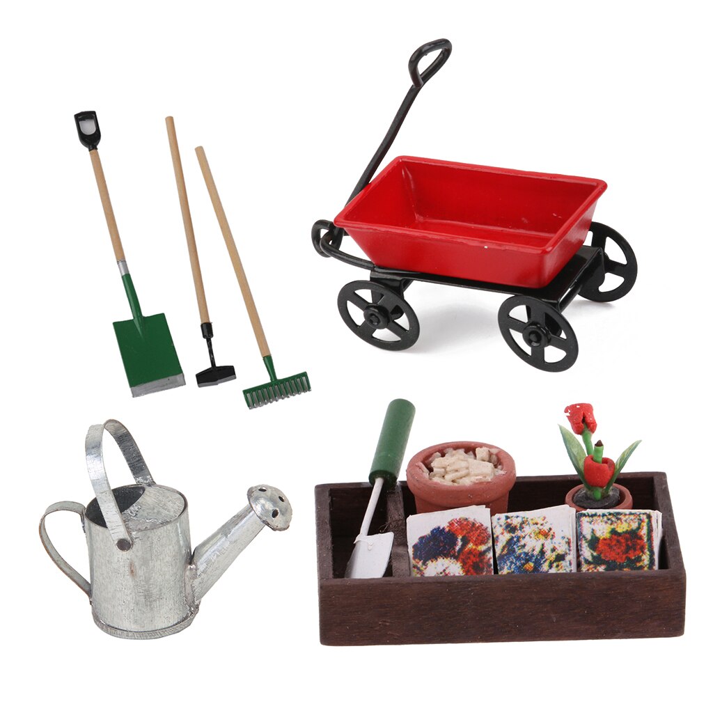 1/12 Dollhouse Miniature Horticulture Box, Pulling Cart & Garden Tools Kids DIY Accessories