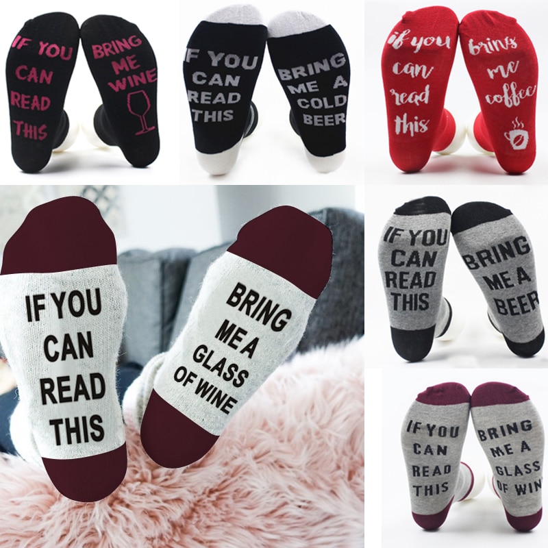 1Pair Funny Socks Autumn Spring Fall Letters Short Ankle Cotton Socks IF YOU CAN READ THIS BRING ME A GLASS OF WINE/BEER