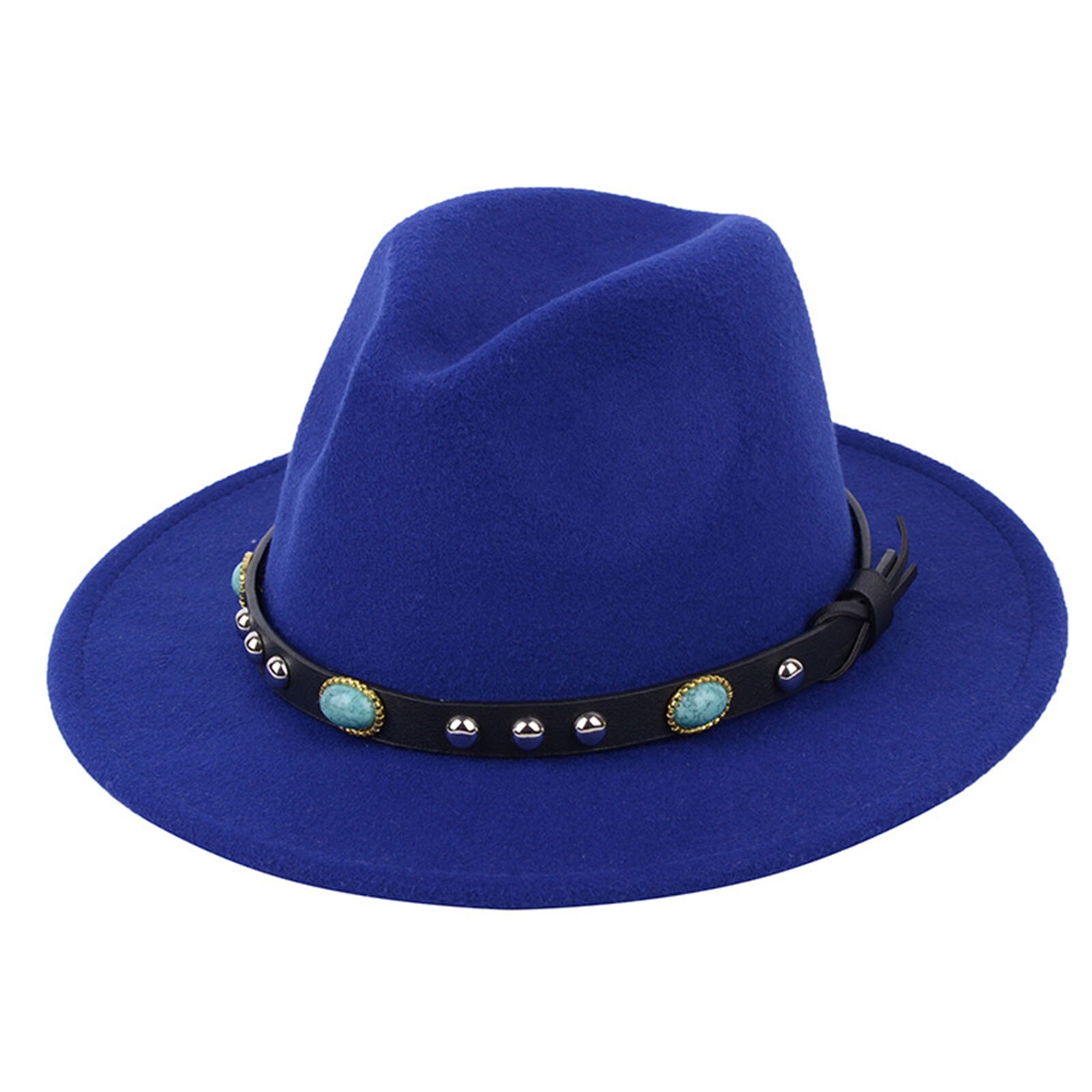 Sombrero de fieltro Vintage estilo inglés para hombre y mujer, Fedora de fieltro de lujo, hebilla de cinturón ancha, gorros con visera vaquera, sombrero de Jazz: Azul