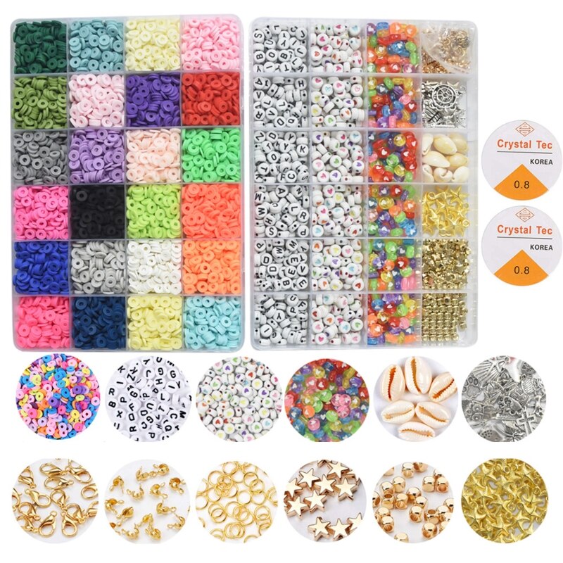 DIY Craft Kit Polymer Clay Beads Flat Round Polymer Clay Spacer Beads for Jewelry Making Bracelets Necklace Earring