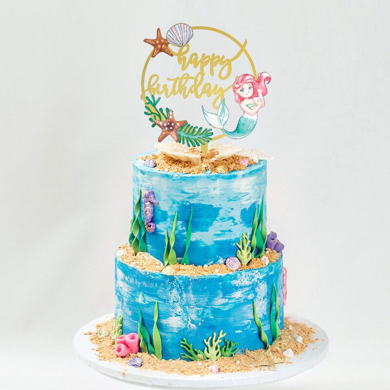 Färgglada ocean style cake topper sjöjungfru tårta topper baby girs brithday party dekoration grattis på födelsedagen akryl