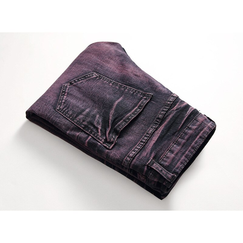 À la déchiré violet jean hommes coupe étroite serré cheville moteur Biker jean hommes pantalon Punk Rock trou couleur contraste jean hommes