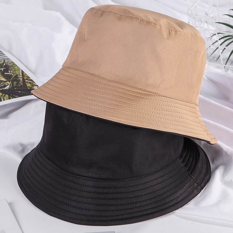 Dubbelsidig bärmössa enfärgad hinkhatt män kvinnor solhatt vändbar fiskarhatt sommar panama keps sol fiske gorras: Svart khaki