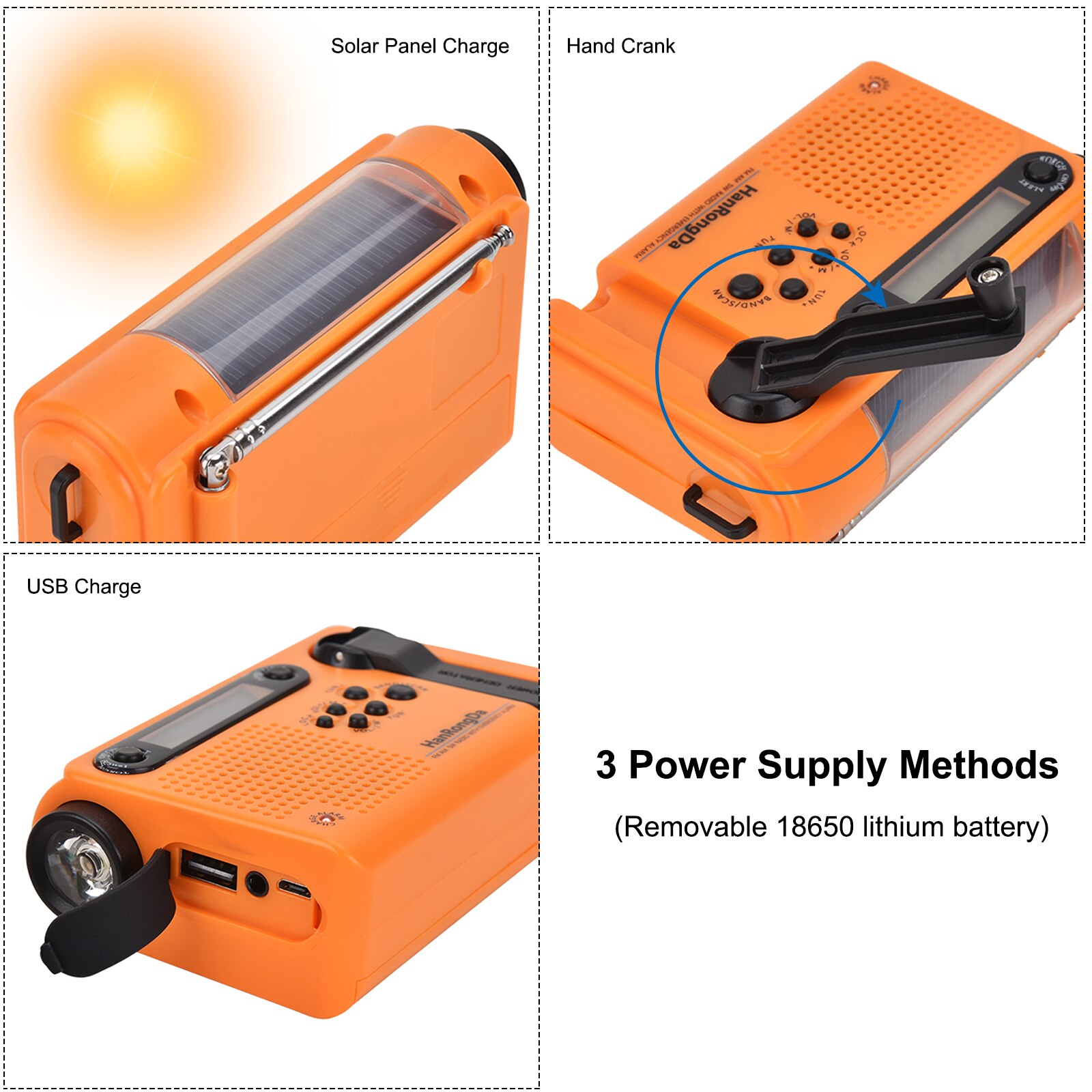 HRD-900 Emergency Solar Hand Crank Radio Portable Home Outdoor Emergency Radio w/ AM/FM/SW Flashlight SOS Alarm 2000mAh Battery