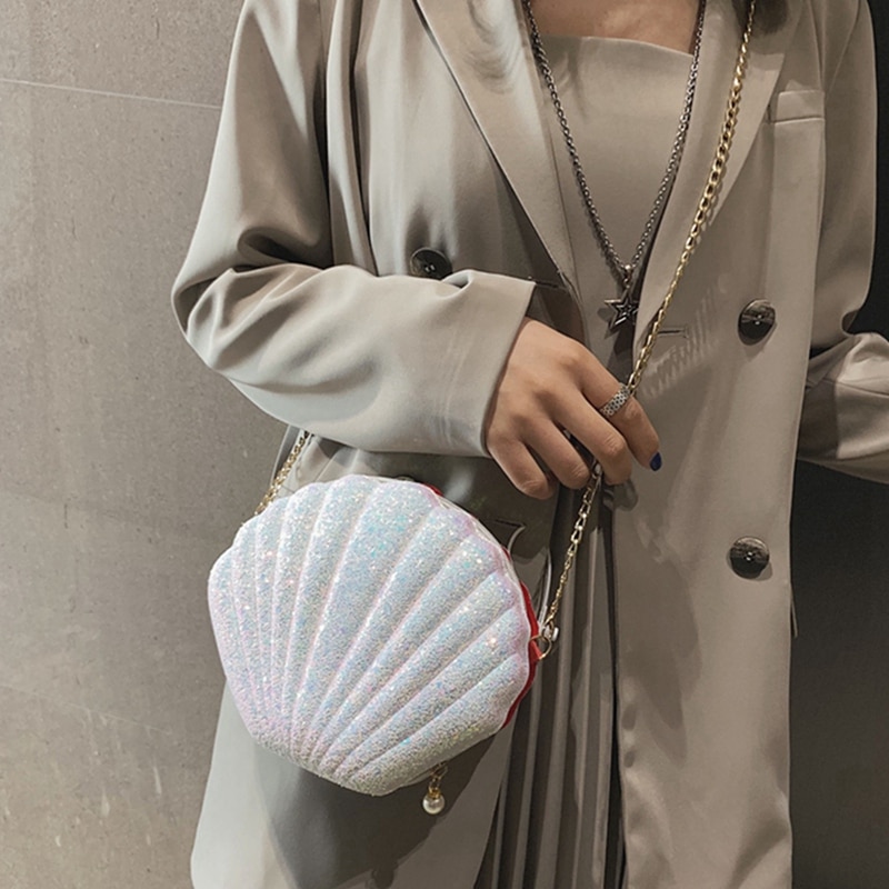 2Pcs Women Girls Little Mermaid Seashell Purse Cross-Body Shoulder Bags Glitter Sequins Chain Evening Purse, Pink & White