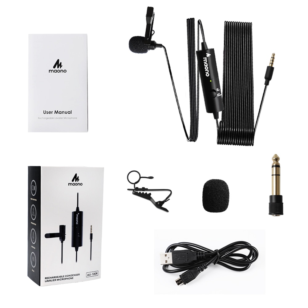 MAONO AU-100R Lavalier Lapel Microphone Rechargeable Omnidirectional Condenser Clip-on Mic With LED Indicator for Recording Vlog