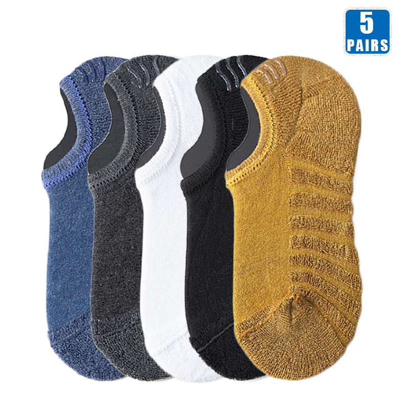 5 Pairs Men Short Socks Cotton Crew Ankle Casual Soft Low-Cut Non-Slip Breathable Summer Autumn Sock for Male: Gray Black