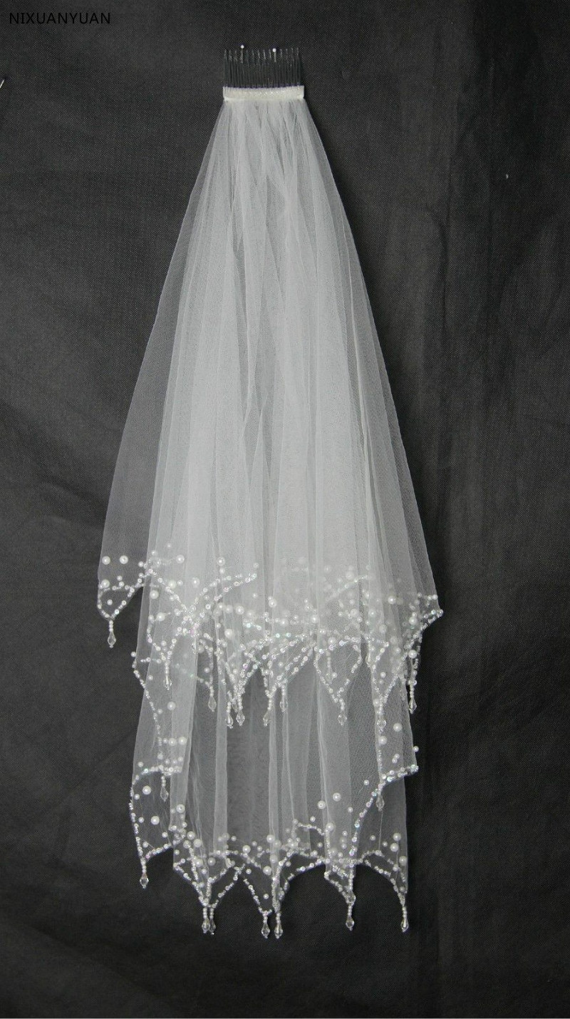Clear Beaded Cheap Bridal Wedding Veil in Stock 2T Hand Sew Crystal Edge with Comb