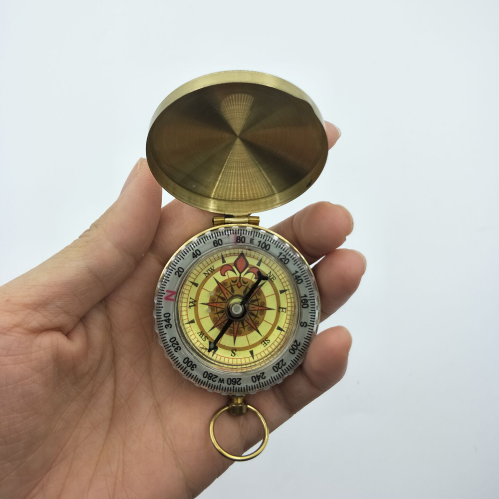 Gold Color Portable Compass Camping Hiking Pocket Brass Copper Compass Navigation with Noctilucence Displa