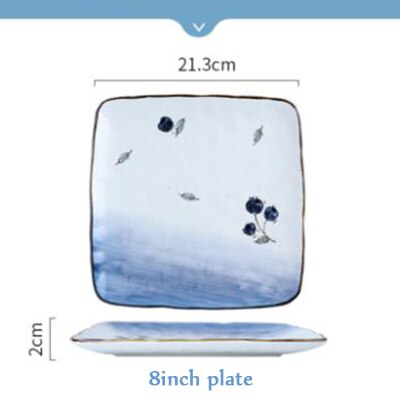 Home Gold Edge Blueberry Ceramic Tableware Heatable Oven Plate Soup Bowl Food Plate For Bread Noodles Salad Bakeware: 8inch square plate