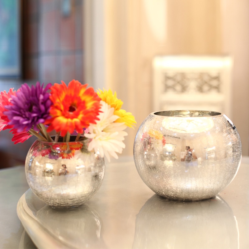 Vase en verre coloré pour fleurs | Argent, boule de verre, vase de décoration de stockage de fleurs séchées pour mariage, de placage de luxe léger