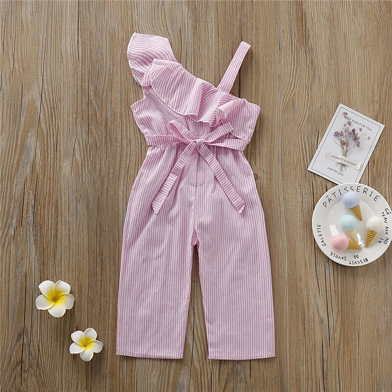 Estate Una Spalla Ruffles Tute E Tute Da Palestra Per Cute Baby Ragazze Casual Infantile Del Bambino Del Bambino A Strisce Pantaloni Lunghi Tute E Salopette del Bambino Del Cotone Del Pagliaccetto