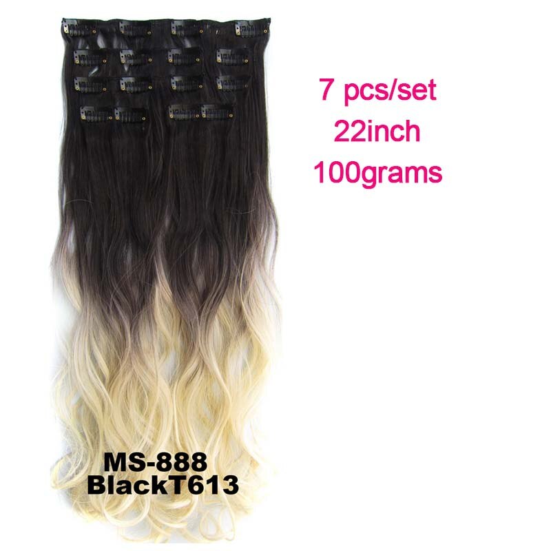 Extensiones de pelo sintético ondulado 7 unids/set, Clip de 22 pulgadas, 100g, Color negro, marrón, degradado postizo, resistente al calor: BlackT613