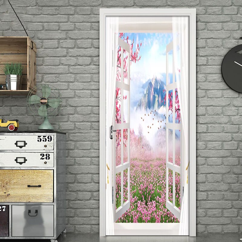 3D Wall Door Sticker Scenery Outside Window Wallpaper Living Room Bedroom Home Decor Paste PVC Self-Adhesive Waterproof 3D Mural