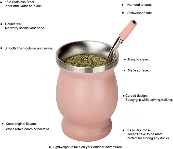 Yerba mate græskar sæt dobbeltvægget rustfrit stål mate te kop og bombilla sæt inkluderer yerba mate græskar (kop) med en bombilla: Lyserød