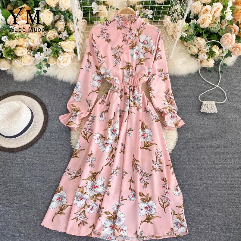 Yuoomuoo kvinder retro blomstret kjole stander krave slank lang vestidos forår efterår chiffon langærmet kjole femme