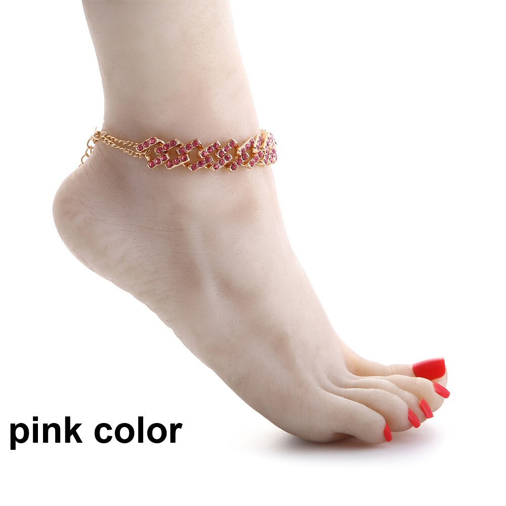 Tobillera ostentosa con diamantes de imitación para Eslabón cubano, cadenas para el tobillo, sandalias para mujer, cadena para pies descalzos, joyería al por mayor: pink color