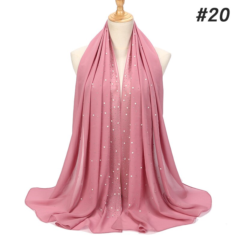 1 Pc Vrouwen Bellen Chiffon Sjaal Met Diamant Studs Parels Sjaal Vlakte Hijab Sjaals Wraps Effen Kleur Moslim hijab Sjaal: color 20