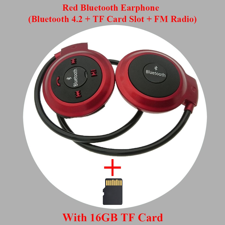 HOMEBARL 3D Mini 503 Mini503 Bluetooth 4.2 FM Headset Sport Wireless Headphones Music Stereo Earphones + 8GB 16GB Micro SD Card: Red Add 16GB Card