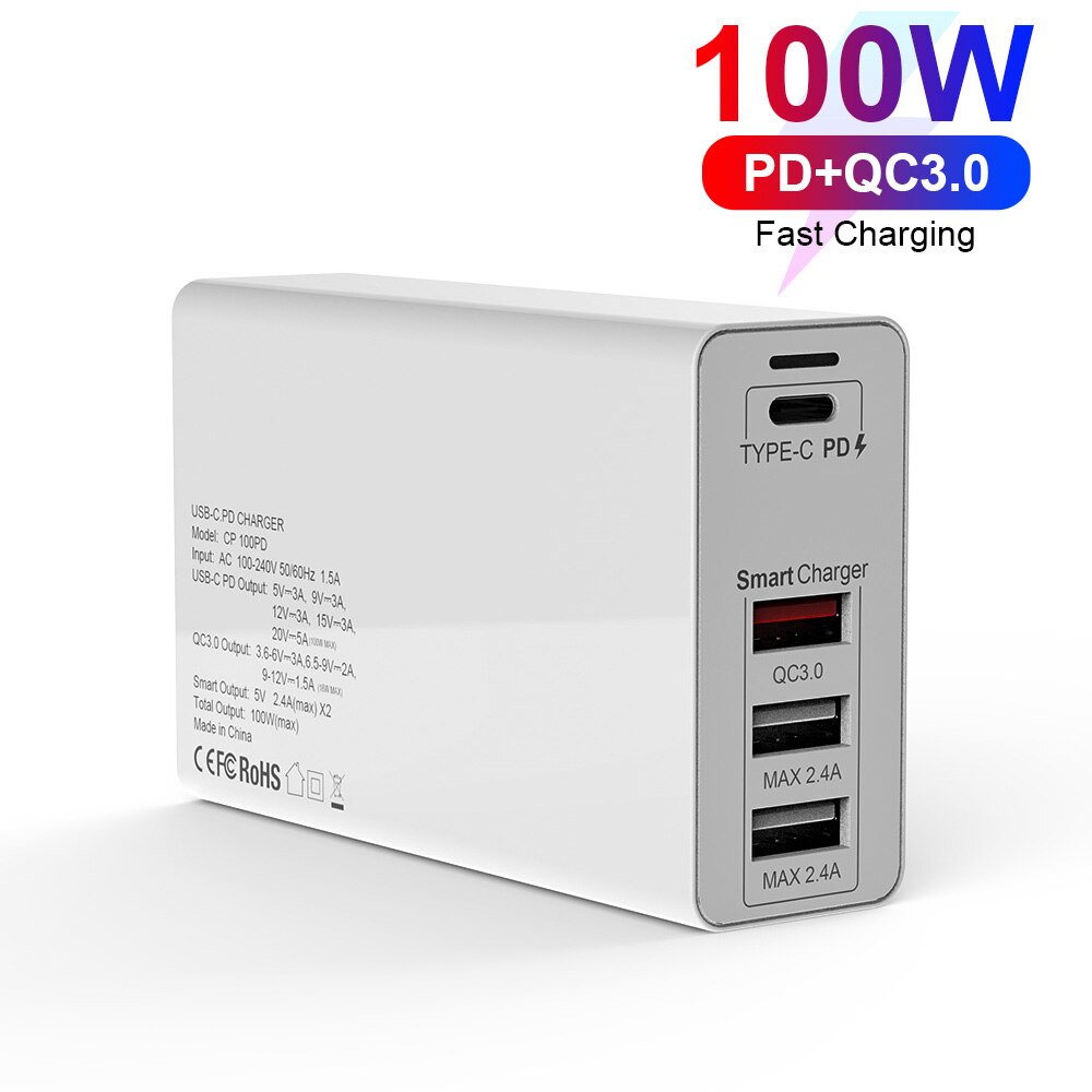 UTBVO 100W 4-port Power Adapter PD100W/65W/45W/18W QC3.0/PPS Charger 5A E-MARK USB C Cable For USB-C Laptops MacBookPro iPhone12: White / EU / Only Charger