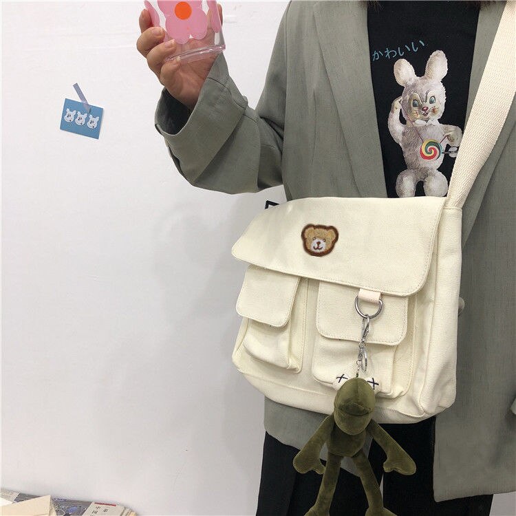 Shopping Bags Women Canvas Printed Harajuku Simple Students Casual Flap All-match Single-shoulder Korean Daily Chic Ulzzang Bag: 4 no pendant