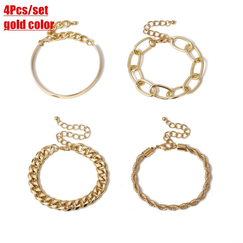 ZOSHI 3 Pçs/set Cobra Cadeia Pulseiras Criados para As Mulheres Moda Punk Grosso Ferro Chain link Pulseira Pulseiras Jóias Presentes Partido: 24059 Gold 4pcs