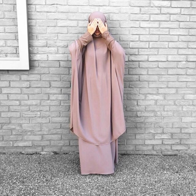 Ramadan Eid Frauen Gebet Bekleidungs Muslimischen einstellen 2 Stück Passenden Outfit Mit Kapuze Khimar Hijab Lange Felsen Abaya Islam Saudi Kleidung