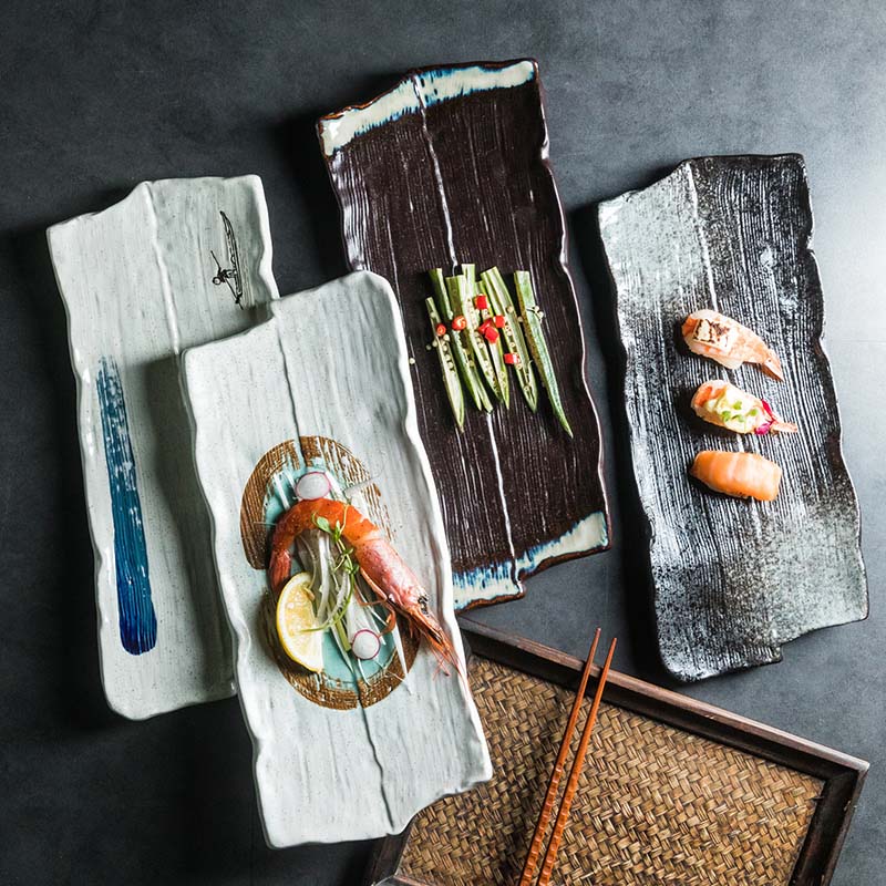 Large ceramic plate Large size sushi plate barbecue grilled wing plate rectangular cumin ribs flat plate