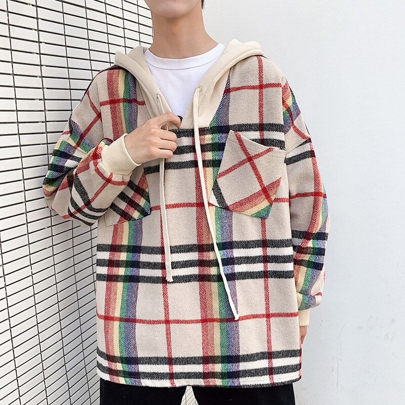 autumn winter fabric Pullover large Hong style loose Korean woolen plaid hooded khaki coat hoodies