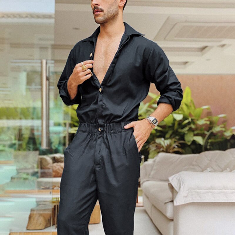 Lange mouwen heren rompers heren jumpsuits met knoopjes effen eendelig cargo overalls zakken streetwear coole heren cargobroeken