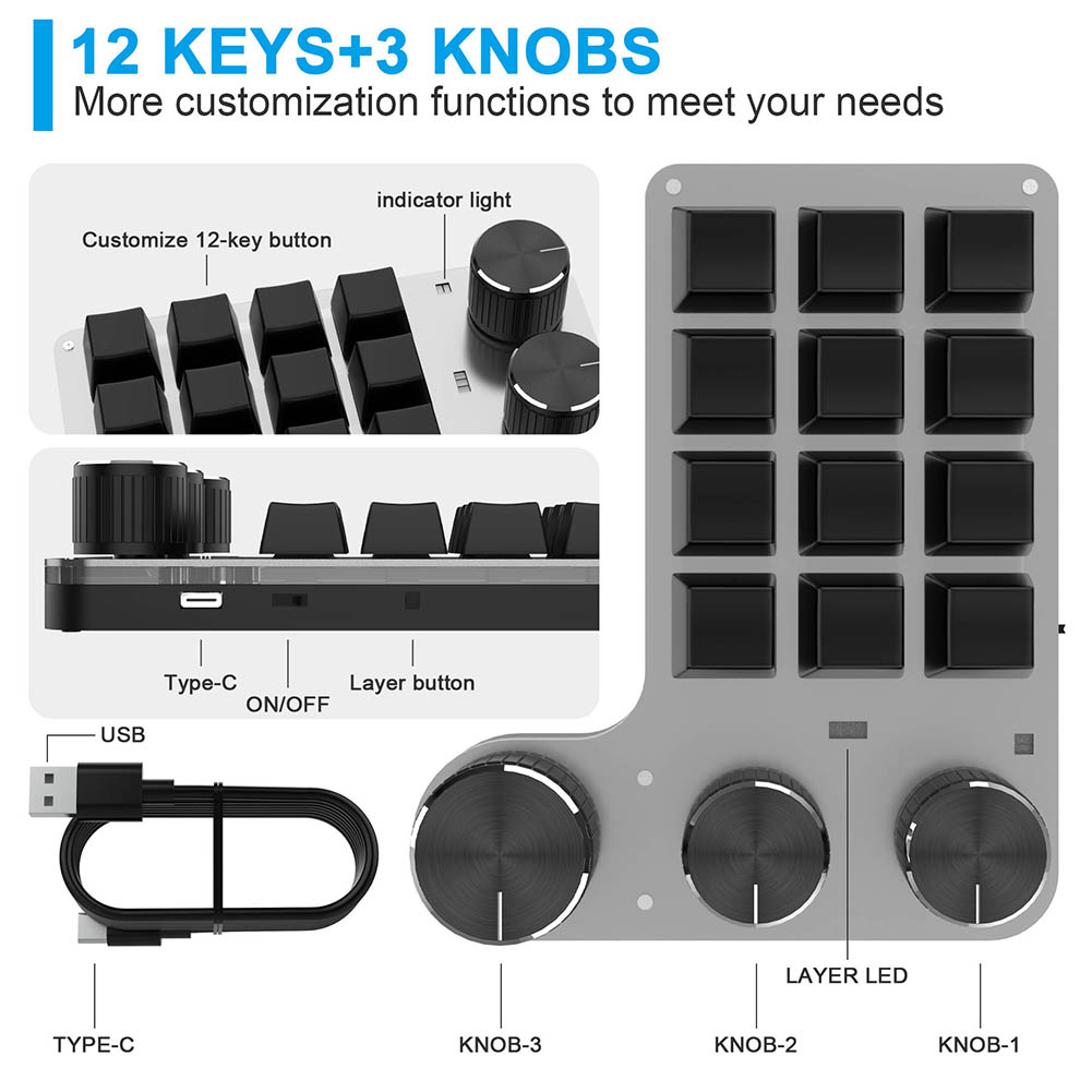 Wireless Bluetooth Programming Macro Custom Knob BT Keyboard RGB 12 Key Swap Shortcut Key Button Mechanical Gaming Keypad