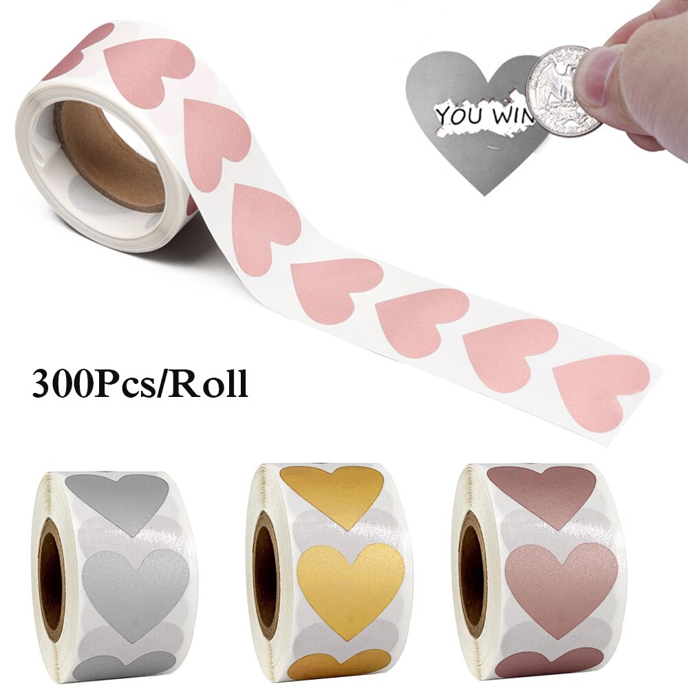 300Pcs 2.8X2.5CM Scratch Sticker Office label Color Love Heart Shape Labels Off Stickers Game Rose Gold Scratch Party Activity