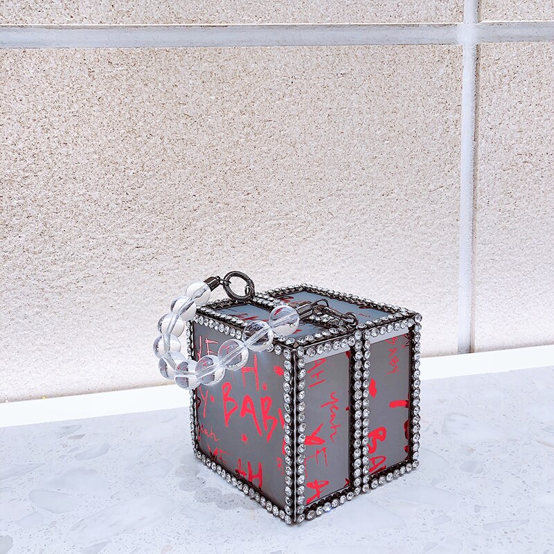 Diamant vierkante doos stijl reflecterende letter dames feest handtas schoudertas crossbody tas vrouwelijke ketting portemonnee