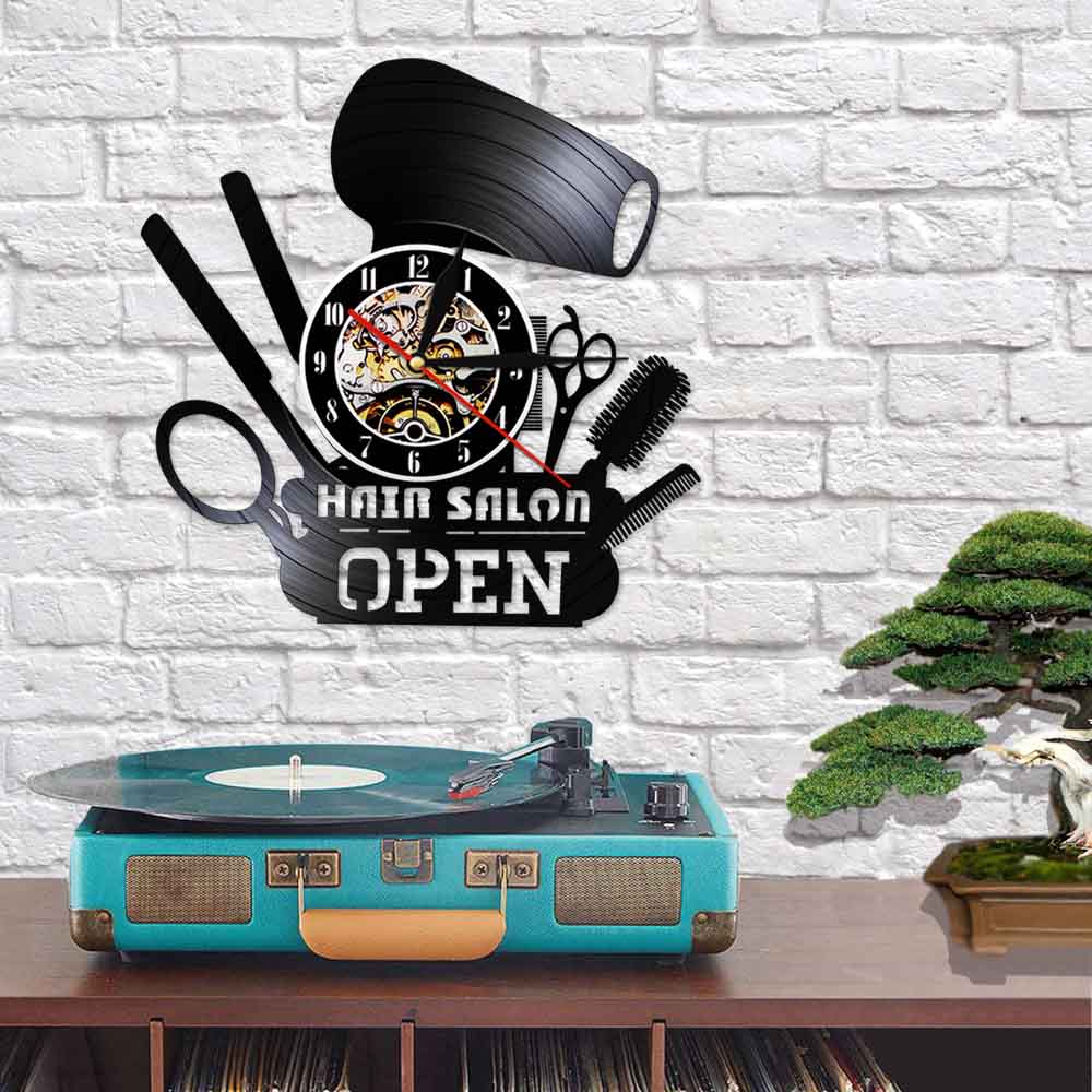 Hair Salon Open Vinyl Record Lamp Night Light Barber Shop LED Wall Clock Comb Scissors Hair Dryer Modern Slient Watch