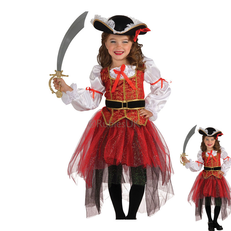 Kid&#39;s Caribbean Pirate Captain Cosplay Costumes Rayon Silk Red Top Skirt Hat Belt 4 Pcs Set Halloween Cosplay Costumes