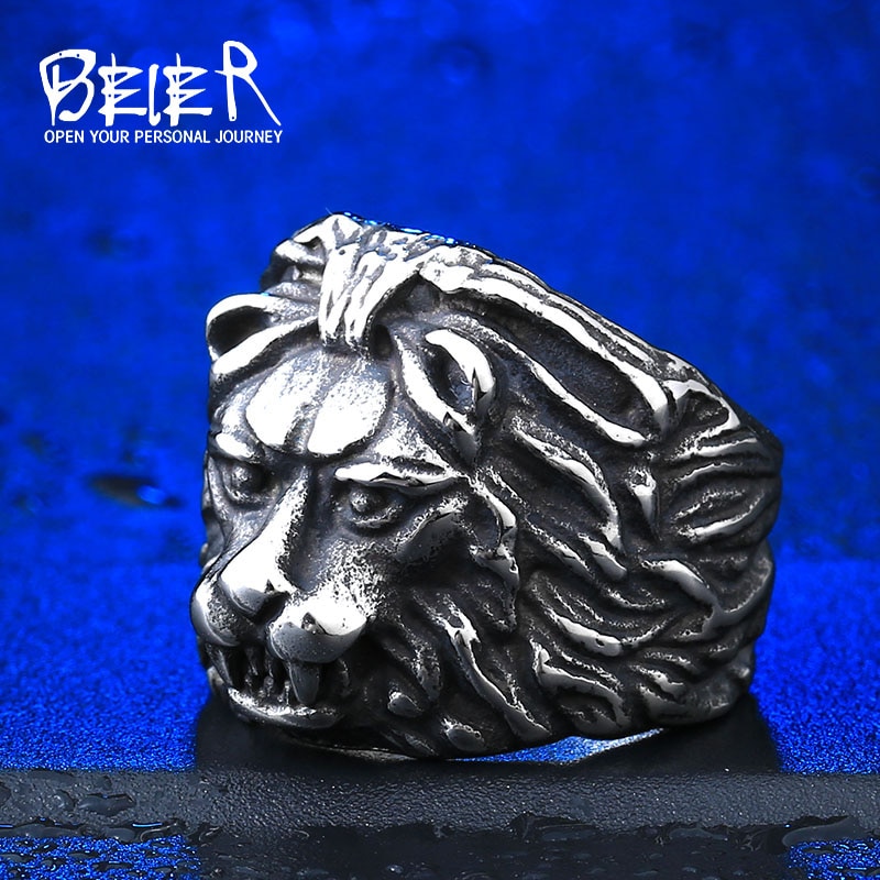 Beier store 316L Stainless Steel ring Biker Gothic Lion Head Ring Black Heavy Thai Men's Animal Rings BR8-169