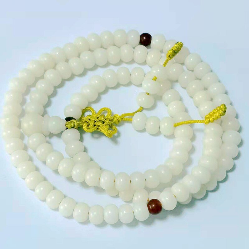 Tibetan Buddhism 108 White Bodhi Root Flat beads Prayer Beads Mala Necklace